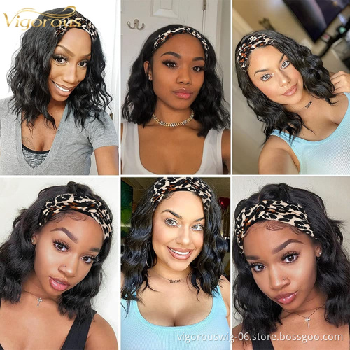 Headband Short bob Wavy Wigs for Black Women Glueless Synthetic Shoulder Length Wigs 16 Inch Headwrap Wigs Headband Attached
